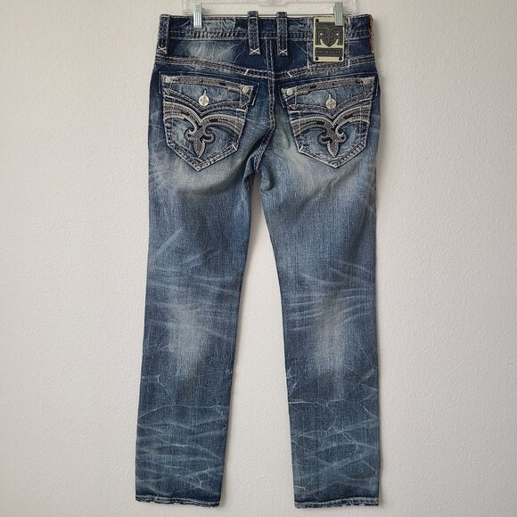 NEW Rock Revival Wyatt Straight Distressed Denim Jeans Size 32x34 Blue